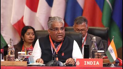 Union environment minister Bhupender Yadav speaking at the G20 meeting in Bali. (AP) Union environment minister Bhupender Yadav speaking at the G20 meeting in Bali. (AP)