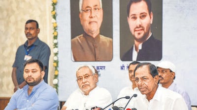 Telangana CM K Chandrashekar Rao with Bihar CM Nitish Kumar, and deputy CM Tejashwi Yadav in Patna. (PTI) Telangana CM K Chandrashekar Rao with Bihar CM Nitish Kumar, and deputy CM Tejashwi Yadav in Patna. (PTI)