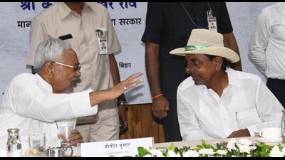 Bihar chief minister Nitish Kumar with his Telangana counterpart K. Chandrashekhar Rao during an event in Patna on Wednesday. (Santosh Kumar/HT Photo) Bihar chief minister Nitish Kumar with his Telangana counterpart K. Chandrashekhar Rao during an event in Patna on Wednesday. (Santosh Kumar/HT Photo)