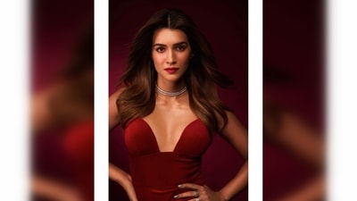 For makeup, Kriti Sanon opted for neutral eyes, defined eyebrows, blushed cheeks and bold red lips. (Instagram/@kritisanon) For makeup, Kriti Sanon opted for neutral eyes, defined eyebrows, blushed cheeks and bold red lips. (Instagram/@kritisanon)