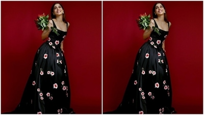 Regarding the design details, Sharvari's jet black gown features floral patterns embroidered all over the ensemble in red, white and green reflective sequins. The sleeveless dress also has broad straps, a plunging square neckline, corseted bodice with structured boning to accentuate her svelte frame, and a cinched waistline. (Instagram) Regarding the design details, Sharvari's jet black gown features floral patterns embroidered all over the ensemble in red, white and green reflective sequins. The sleeveless dress also has broad straps, a plunging square neckline, corseted bodice with structured boning to accentuate her svelte frame, and a cinched waistline. (Instagram)
