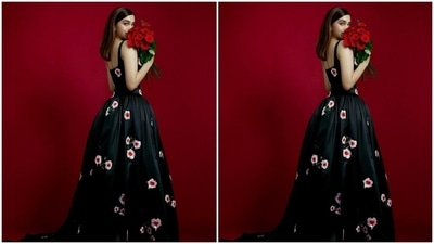 On Wednesday, Sharvari Wagh posted pictures of her look for walking the red carpet at the Filmfare Awards 2022. She captioned the photoshoot, "Roses are red, Filmfare ahead." The post shows Sharvari smiling brightly for the camera and posing while holding a bouquet of red roses. (Instagram) On Wednesday, Sharvari Wagh posted pictures of her look for walking the red carpet at the Filmfare Awards 2022. She captioned the photoshoot, "Roses are red, Filmfare ahead." The post shows Sharvari smiling brightly for the camera and posing while holding a bouquet of red roses. (Instagram)