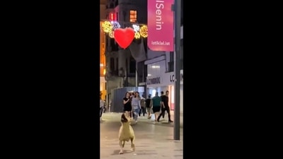 A screengrab of the video that shows a dog playing with a balloon in Turkey's pedestrian zone.&nbsp; (Twitter/@rivierepx)