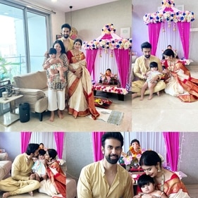 Charu posted a string of photos as the family posed near an altar. Charu posted a string of photos as the family posed near an altar.