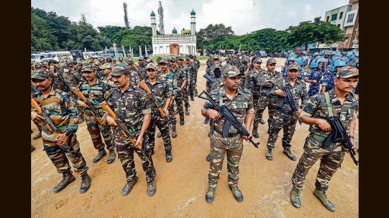 District Special Weapons and Tactics (D-SWAT) team at Idgah Maidan, at Chamrajpet area in Bengaluru on Wednesday. (PTI)