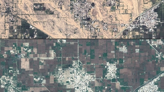 (COMBO) Questo set di immagini satellitari Maxar creato il 30 agosto 2022 mostra le immagini prima/dopo le devastanti inondazioni a Gudpur, in Pakistan e nei dintorni.  (Foto del 2022 Maxar Technologies / Immagine satellitare AFP) / nbsp;  (AFP)