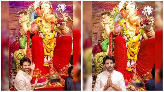 Kartik Aaryan visited the Lalbaugcha Raja Sarvajanik Ganeshotsav Mandal to catch a glimpse of the 14-foot-tall Lalbaugcha Raja idol and seek blessings.(Instagram/@kartikaaryan)