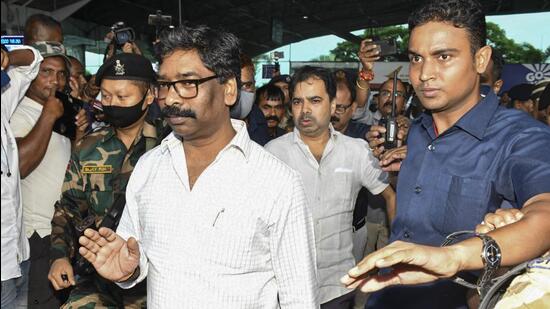 Jharkhand chief minister Hemant Soren arrives at the Birsa Munda Airport to see off UPA MLAs amid speculations of his disqualification as an MLA on August 30. (PTI Photo)