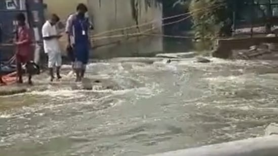 A waterlogged road in Bengaluru.(Screengrab of Twitter video)
