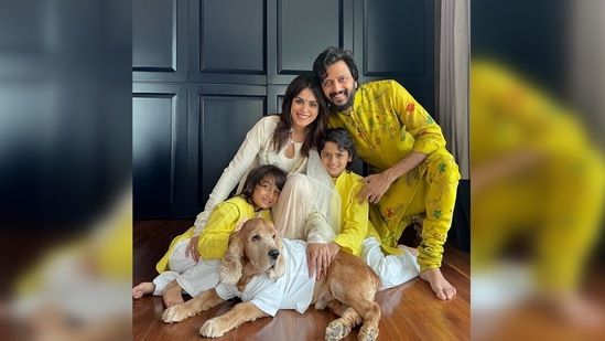 Riteish Deshmukh and Genelia D'souza are celebrating Ganesh Chaturthi with their two sons Riaan Deshmukh and Rahyl Deshmukh and their pet dog Flash. Genelia shared a family picture and captioned her post, "From our family to yours … good wishes, prosperity, happiness and abundance of love on this auspicious day. Happy Ganesh Chaturthi. #ganeshchaturthi #ganesha."(Instagram/@geneliad)