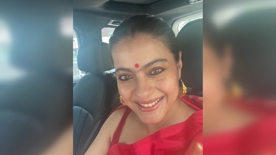 Kajol shared a car selfie of herself in a bright red saree and wrote, "Ganpati Bappa Morya..."(Instagram/@kajol)