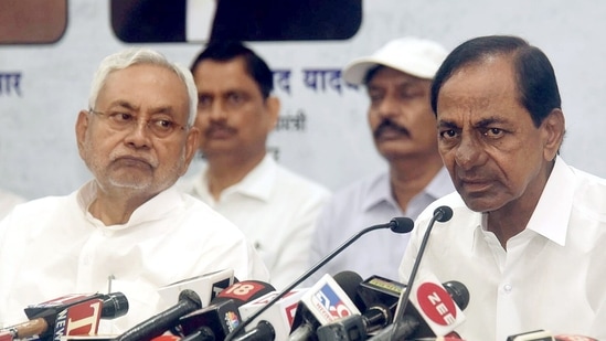 Telangana chief minister K Chandrashekhar Rao addresses a press conference at the secretariat, in Patna on Wednesday. Bihar CM Nitish Kumar also present. (ANI Photo)(Pappi Sharma)