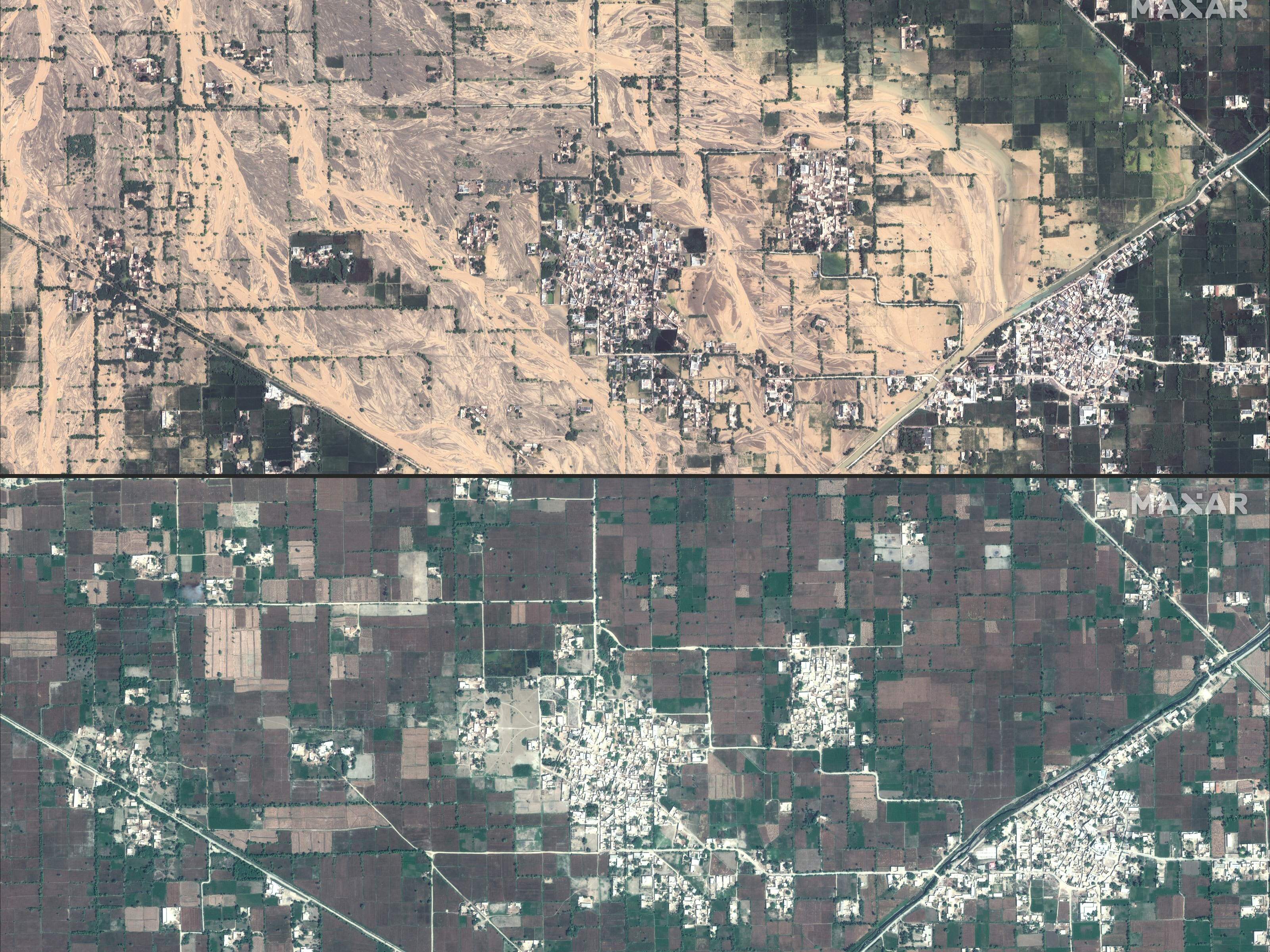 (COMBO) This combination of Maxar satellite images created on August 30, 2022 shows the before/after images of the damaging floods in and around Gudpur, Pakistan. (Photo by Satellite image �2022 Maxar Technologies / AFP) /&nbsp; (AFP)