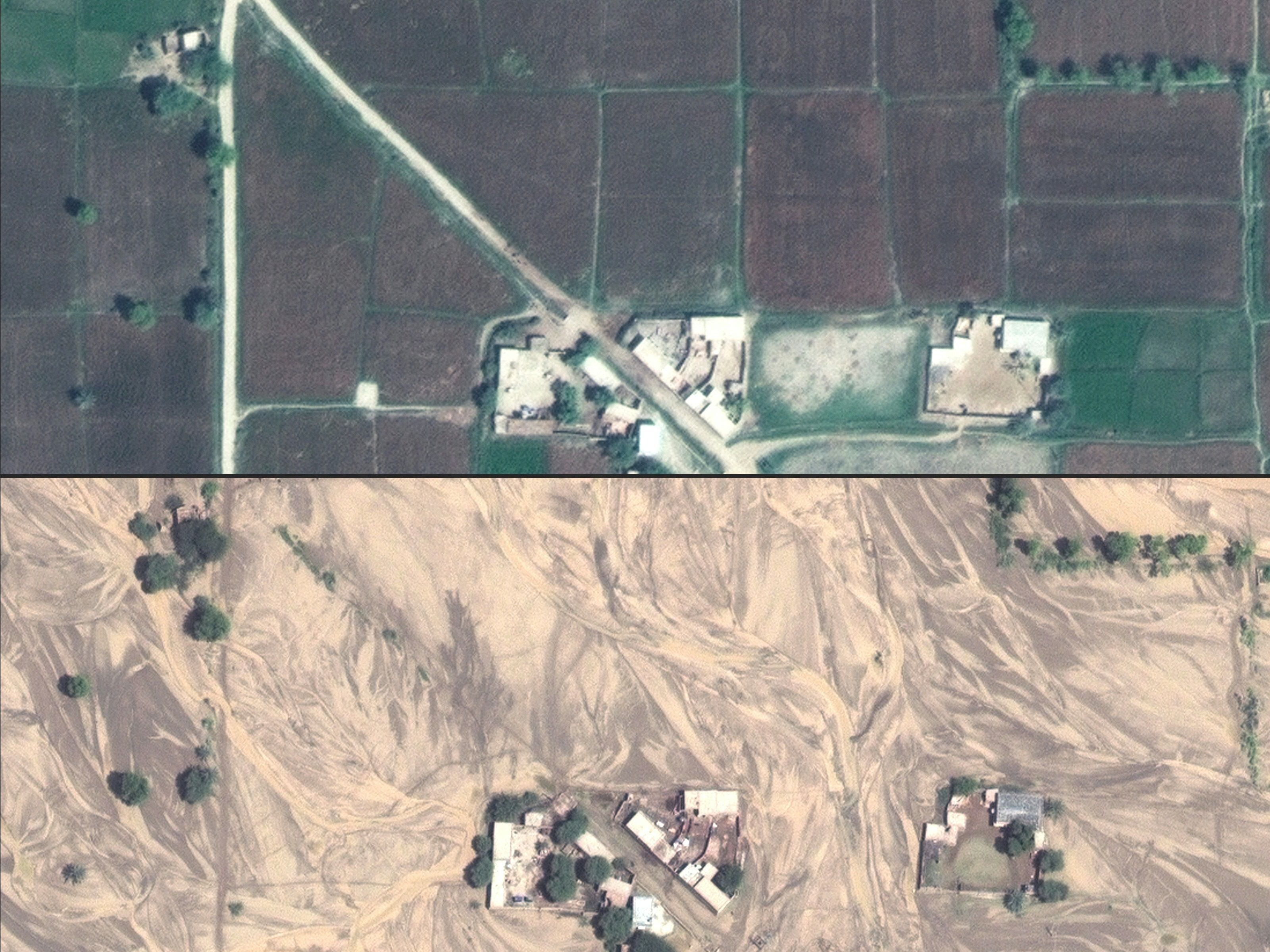 (COMBO) This combination of Maxar satellite images created on August 30, 2022 shows the before/after images of the damaging floods in and around Gudpur, Pakistan. (Photo by Satellite image -2022 Maxar Technologies / AFP) /&nbsp; (AFP)