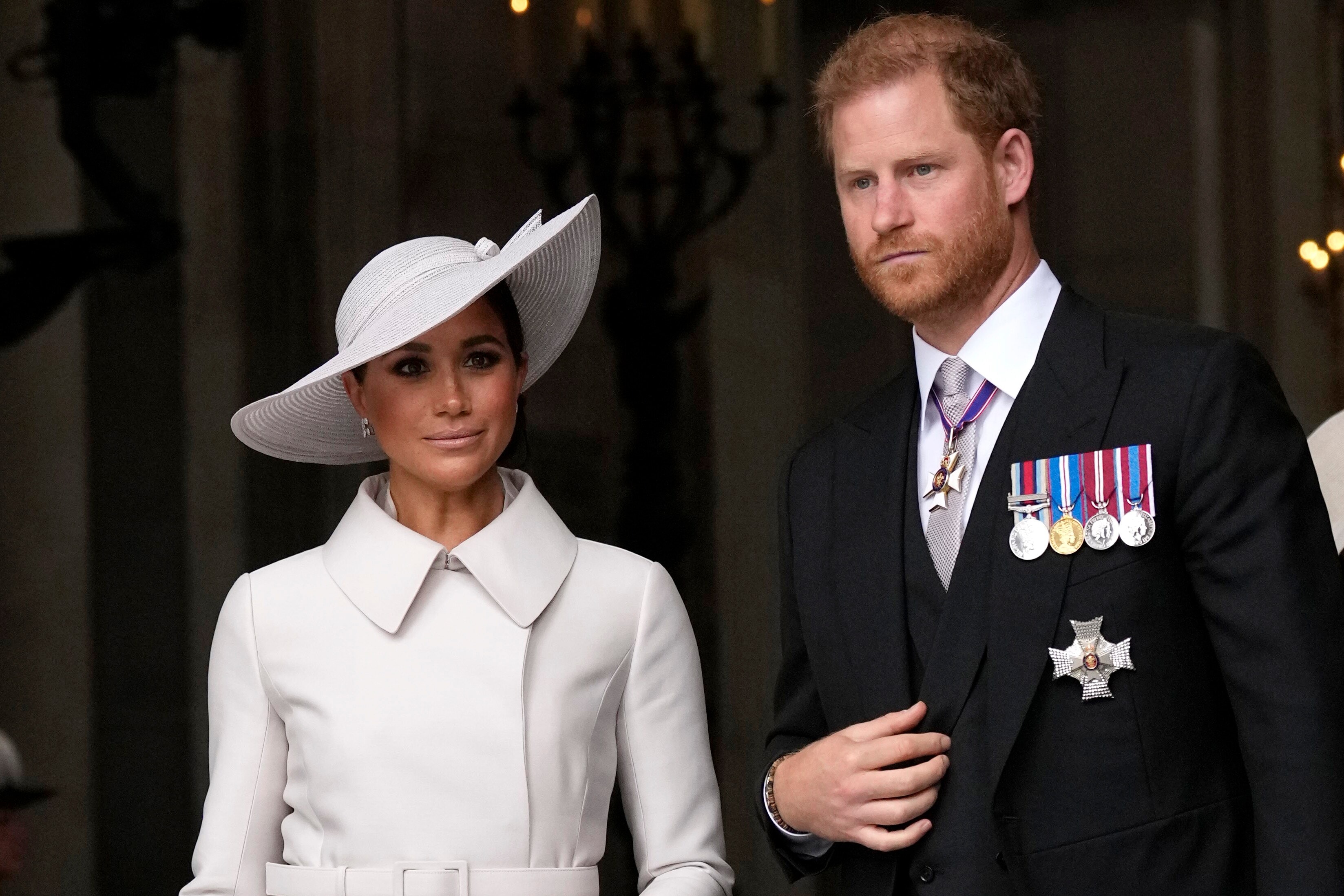 Prince Harry and Meghan Markle, Duke and Duchess of Sussex, leave after a service of thanksgiving for the reign of Queen Elizabeth II at St Paul's Cathedral in London, on June 3, 2022. (AP Photo/Matt Dunham, Pool) Prince Harry and Meghan Markle, Duke and Duchess of Sussex, leave after a service of thanksgiving for the reign of Queen Elizabeth II at St Paul's Cathedral in London, on June 3, 2022. (AP Photo/Matt Dunham, Pool)
