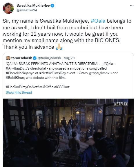 Swastika Mukherjee replied to Taran Adarsh's tweet.