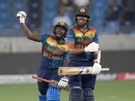 Sri Lanka Asitha Fernando, left, celebrates with teammate Maheesh Theekshana(AP) Sri Lanka Asitha Fernando, left, celebrates with teammate Maheesh Theekshana(AP)