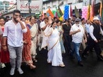 West Bengal chief minister Mamata Banerjee leads a procession to commemorate inscribing of 'Durga Puja in Kolkata' by UNESCO as the Intangible Cultural Heritage of Humanity, in Kolkata, Thursday, September 1, 2022. (PTI Photo) West Bengal chief minister Mamata Banerjee leads a procession to commemorate inscribing of 'Durga Puja in Kolkata' by UNESCO as the Intangible Cultural Heritage of Humanity, in Kolkata, Thursday, September 1, 2022. (PTI Photo)