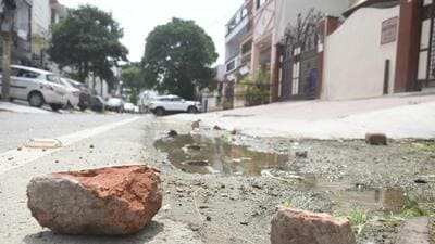 Ghaziabad, India - September 01 2022: Broken bricks seen near the building in Ashok Vihar Block A where stone pelting has been reported since the last three days, in Ghaziabad , India on Wednesday, September 01. 2022. (Photo by Sakib Ali /Hindustan Times) Ghaziabad, India - September 01 2022: Broken bricks seen near the building in Ashok Vihar Block A where stone pelting has been reported since the last three days, in Ghaziabad , India on Wednesday, September 01. 2022. (Photo by Sakib Ali /Hindustan Times)