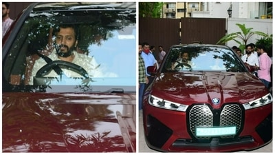 Riteish Deshmukh arriving at Arpita Khan and Aayush Sharma's house in his new BMW iX. (Pic: Varinder Chawla)