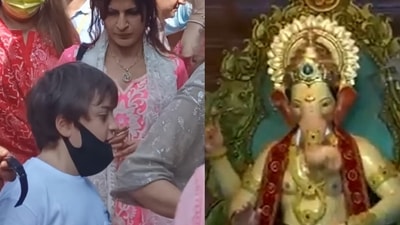 Abram reached Lalbaugcha Raja, in Mumbai. (Varinder Chawla and ANI photos) Abram reached Lalbaugcha Raja, in Mumbai. (Varinder Chawla and ANI photos)