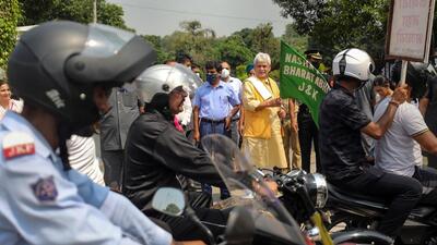 Jammu and Kashmir Lt Governor Manoj Sinha flags off a police personnel's bike rally, titled 'swasth rath', under the 'Nasha Mukht Abhiyan', in Jammu on Thursday. (PTI)