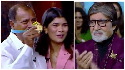 Amitabh Bachchan will be seen witnessing Nikhat Zareen making her father wear her gold medal on Kaun Banega Crorepati. Amitabh Bachchan will be seen witnessing Nikhat Zareen making her father wear her gold medal on Kaun Banega Crorepati. 