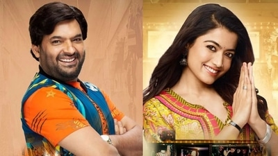 Kapil Sharma and Rashmika Mandanna in Mega Blockbuster posters. Kapil Sharma and Rashmika Mandanna in Mega Blockbuster posters.