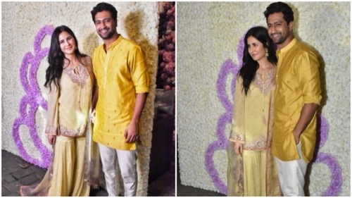 Vicky Kaushal and Katrina Kaif twinned in yellow as they posed for pictures together. (HT Photos/Varinder Chawla)