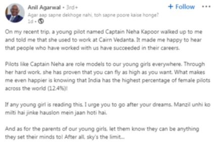 Anil Agarwal shared this post about meeting an ex-employee who is now a pilot. (LinkedIn/@Anil Agarwal)