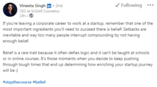 Sugar Cosmetics CEO and Shark Tank India judge Vineeta Singh shared this post on LinkedIn. (LinkedIn/@Vineeta Singh)