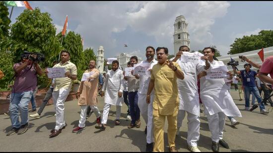 AAP lawmakers outside the Delhi assembly. (PTI)