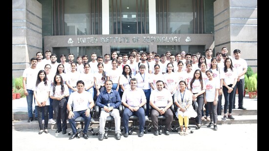 The team of UGI students and teachers at UGI in Prayagraj before leaving for Bangkok on Thursday. (HT)