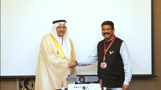 Union education minister Dharmendra Pradhan with Dr. Hamad M Al-Sheikh, minister of education, Kingdom of Saudi Arabia at the G20 education ministers’ meeting in Bali. (HT Photo)