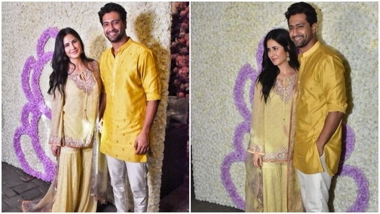 Katrina Kaif, Vicky Kaushal twin in yellow as they bask in festivities(HT Photos/Varinder Chawla)