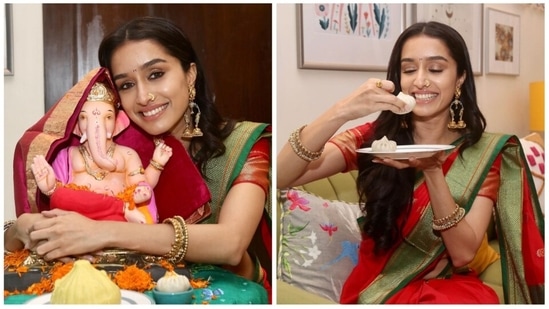 Shraddha Kapoor draped a banarasi silk saree and accessorised her look with traditional Marathi jewellery and seeked blessings from Lord Ganesha on the auspicious occasion. She also enjoyed some modaks. (Instagram/@shraddhakapoor)