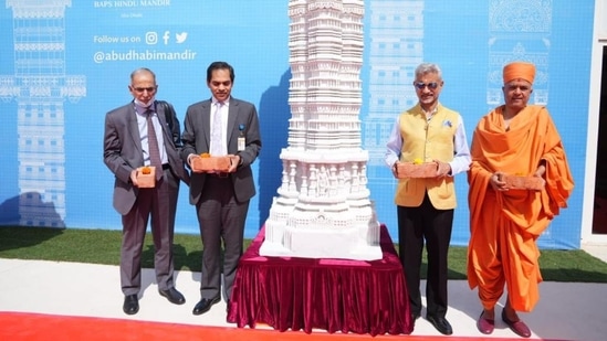 EAM S Jaishankar at the @BAPS Hindu temple under construction in Abu Dhabi.(Twitter/ EAM)