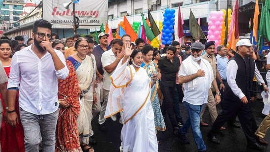 West Bengal chief minister Mamata Banerjee leads a procession to commemorate inscribing of 'Durga Puja in Kolkata' by UNESCO as the Intangible Cultural Heritage of Humanity, in Kolkata, Thursday, September 1, 2022. (PTI Photo)