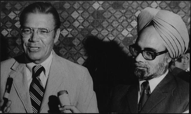 Robert McNamara went on to become President of the World Bank. He is pictured here with Dr Manmohan Singh on his arrival at Palam Airport, New Delhi, on 21 March 1981. (HT Photo)