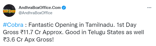 Cobra's box office figures for Tamil Nadu and the Telugu states.