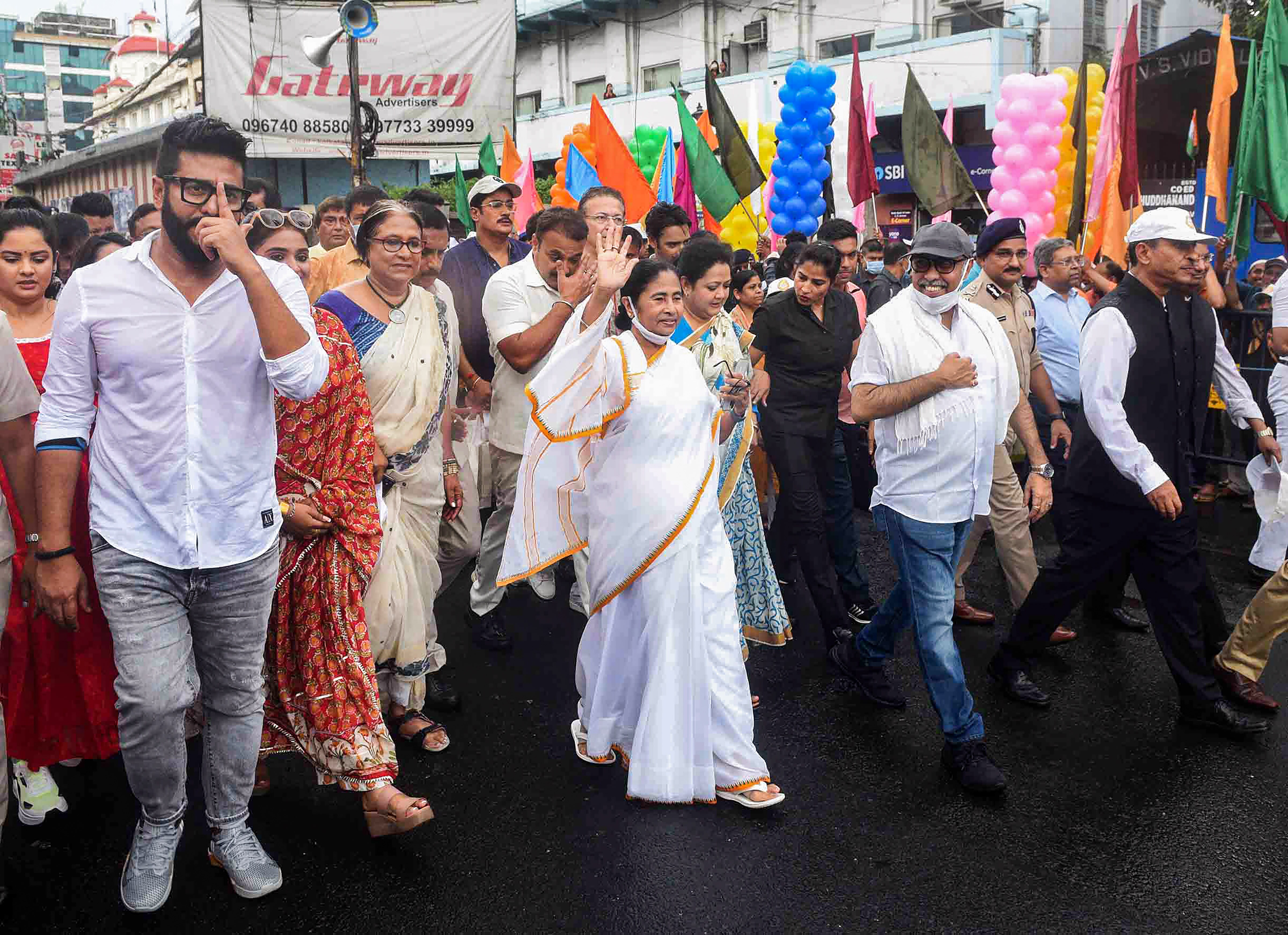 West Bengal chief minister Mamata Banerjee leads a procession to commemorate inscribing of 'Durga Puja in Kolkata' by UNESCO as the Intangible Cultural Heritage of Humanity, in Kolkata, Thursday, September 1, 2022. (PTI Photo) West Bengal chief minister Mamata Banerjee leads a procession to commemorate inscribing of 'Durga Puja in Kolkata' by UNESCO as the Intangible Cultural Heritage of Humanity, in Kolkata, Thursday, September 1, 2022. (PTI Photo)