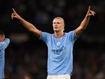 Manchester City's Norwegian striker Erling Haaland celebrates after scoring Manchester City's Norwegian striker Erling Haaland celebrates after scoring