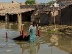 A man carries furniture through flood water at Goth Muhammad Yusuf Naich in Dadu district, Sindh province, Pakistan.(Bloomberg) A man carries furniture through flood water at Goth Muhammad Yusuf Naich in Dadu district, Sindh province, Pakistan.(Bloomberg)