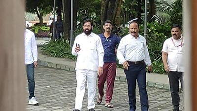 Guwahati: Rebel Shiv Sena leader Eknath Shinde arrives to address media at a hotel where he is staying with other supporting MLAs, in Guwahati, Tuesday, June 28, 2022. (PTI Photo)(PTI06_28_2022_000070B) (PTI) Guwahati: Rebel Shiv Sena leader Eknath Shinde arrives to address media at a hotel where he is staying with other supporting MLAs, in Guwahati, Tuesday, June 28, 2022. (PTI Photo)(PTI06_28_2022_000070B) (PTI)