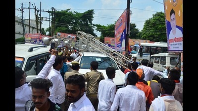 The minister’s car under the tower (HT Photo)