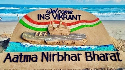 Odisha sand artist Sudarshan Patnaik creates sand art welcoming the first home-made aircraft carrier - INS Vikrant' - at Puri Beach, (Sudarsan Pattnaik Twitter) Odisha sand artist Sudarshan Patnaik creates sand art welcoming the first home-made aircraft carrier - INS Vikrant' - at Puri Beach, (Sudarsan Pattnaik Twitter)