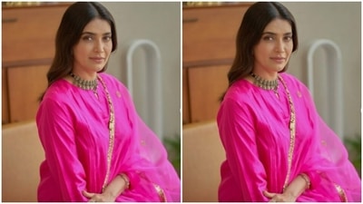 Karishma Tanna played muse to fashion designer house Brih and picked the pink ethnic ensemble from the shelves of the designer house. (Instagram/@karishmaktanna)