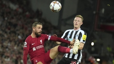 Liverpool's Jordan Henderson, fights for control of the ball against Newcastle's Sean Longstaff during the English Premier League soccer match between Liverpool and Newcastle United at Anfield stadium in Liverpool, England, England, Wednesday, Aug. 31, 2022. (AP Photo/Jon Super) (AP) Liverpool's Jordan Henderson, fights for control of the ball against Newcastle's Sean Longstaff during the English Premier League soccer match between Liverpool and Newcastle United at Anfield stadium in Liverpool, England, England, Wednesday, Aug. 31, 2022. (AP Photo/Jon Super) (AP)