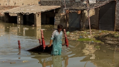 A man carries furniture through flood water at Goth Muhammad Yusuf Naich in Dadu district, Sindh province, Pakistan. (Bloomberg) A man carries furniture through flood water at Goth Muhammad Yusuf Naich in Dadu district, Sindh province, Pakistan. (Bloomberg)