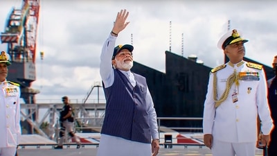 Prime minister Narendra Modi with Chief of Naval Staff Admiral R. Hari Kumar during the commissioning ceremony of INS Vikrant at Cochin Shipyard Limited in Kochi. (PTI) Prime minister Narendra Modi with Chief of Naval Staff Admiral R. Hari Kumar during the commissioning ceremony of INS Vikrant at Cochin Shipyard Limited in Kochi. (PTI)